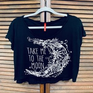 Black White Cropped Moon Typography T-Shirt Top